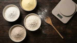 Ciotole con diverse farine per pizza e miscela in preparazione