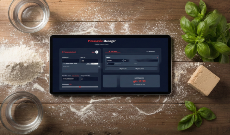 Interfaccia dell’app Pizza2Calc con calcolatore impasto e riepilogo ricetta