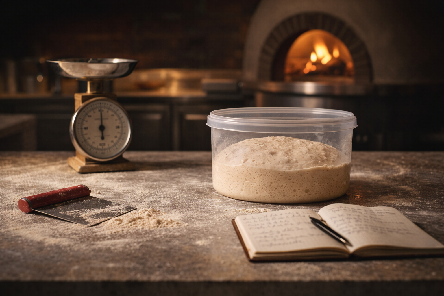 Home 8 Banco da lavoro per pizza con impasto in maturazione e strumenti di calcolo