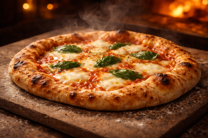 Chimica della Pizza: Impasto, Maturazione e Cottura (Guida Pratica) 2 Pizza appena sfornata con luce calda, crosta dorata e alveolata, immagine hero per guida sulla chimica della pizza.