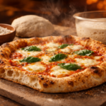 Pizza appena sfornata in primo piano con luce calda, crosta dorata e alveolata e dettaglio della mollica, immagine hero per guida su impasto, maturazione e cottura.
