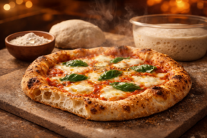 Pizza appena sfornata in primo piano con luce calda, crosta dorata e alveolata e dettaglio della mollica, immagine hero per guida su impasto, maturazione e cottura.