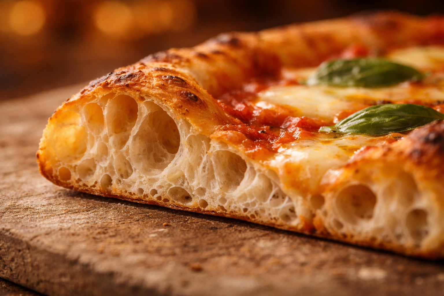 Chimica della Pizza: Impasto, Maturazione e Cottura (Guida Pratica) 6 Sezione di cornicione alveolato con mollica leggera e doratura uniforme, luce calda.