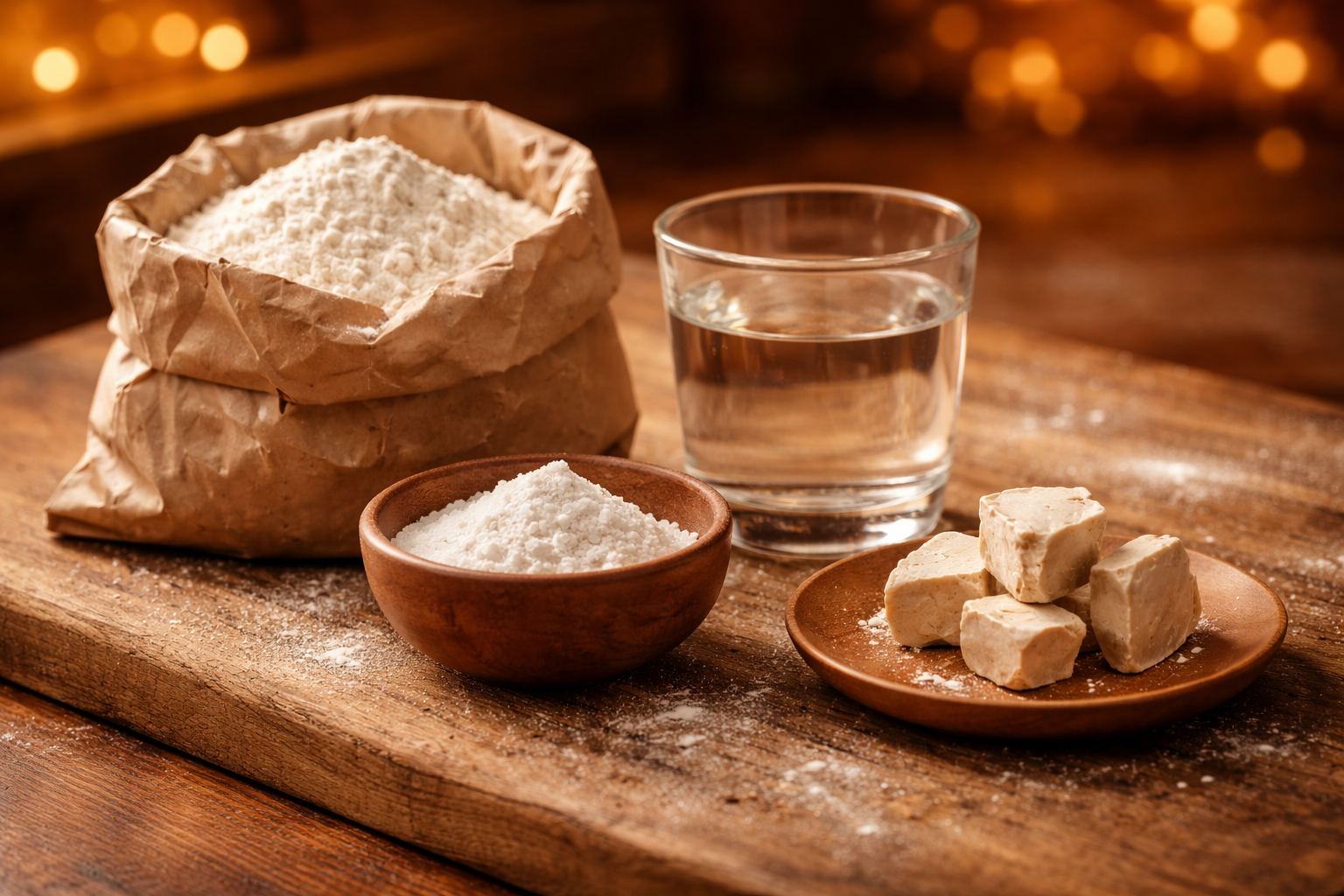 Chimica della Pizza: Impasto, Maturazione e Cottura (Guida Pratica) 3 Ingredienti base per pizza: farina, acqua, sale e lievito in una scena calda e invitante.