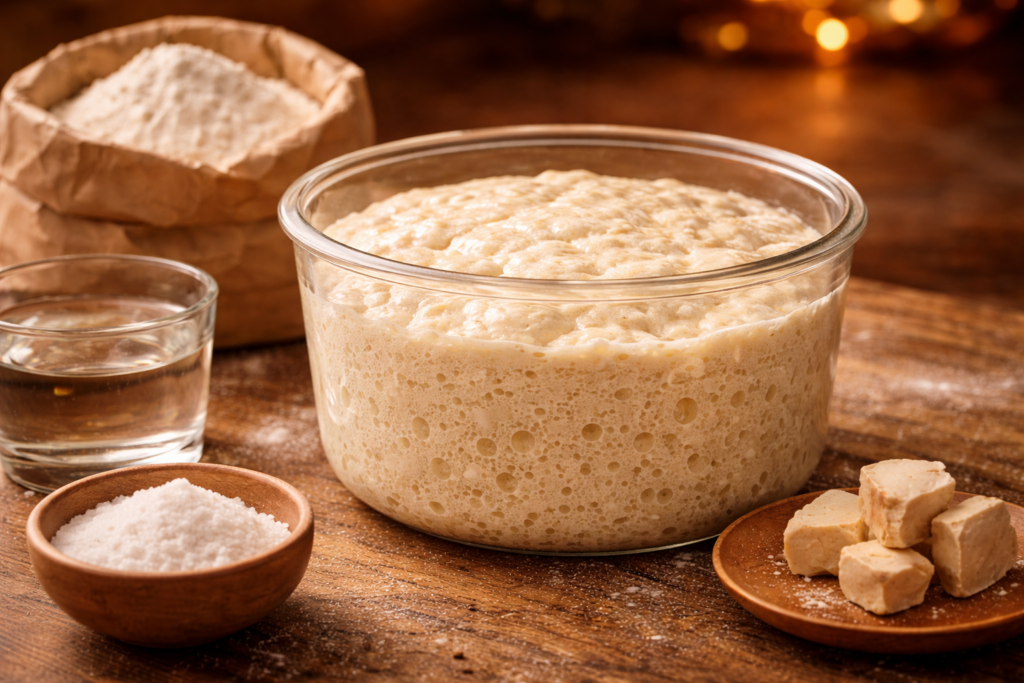 Chimica della Pizza: Impasto, Maturazione e Cottura (Guida Pratica) 5 Impasto in contenitore trasparente con bolle e crescita visibile, scena calda e pulita.