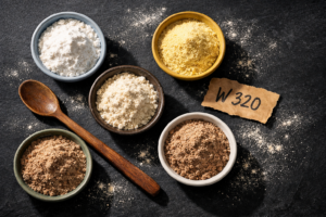 Cinque ciotole con farine diverse per tipo e colore disposite su superficie scura con etichetta W 320
