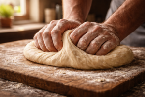 Mani che lavorano l'impasto della pizza su piano infarinato