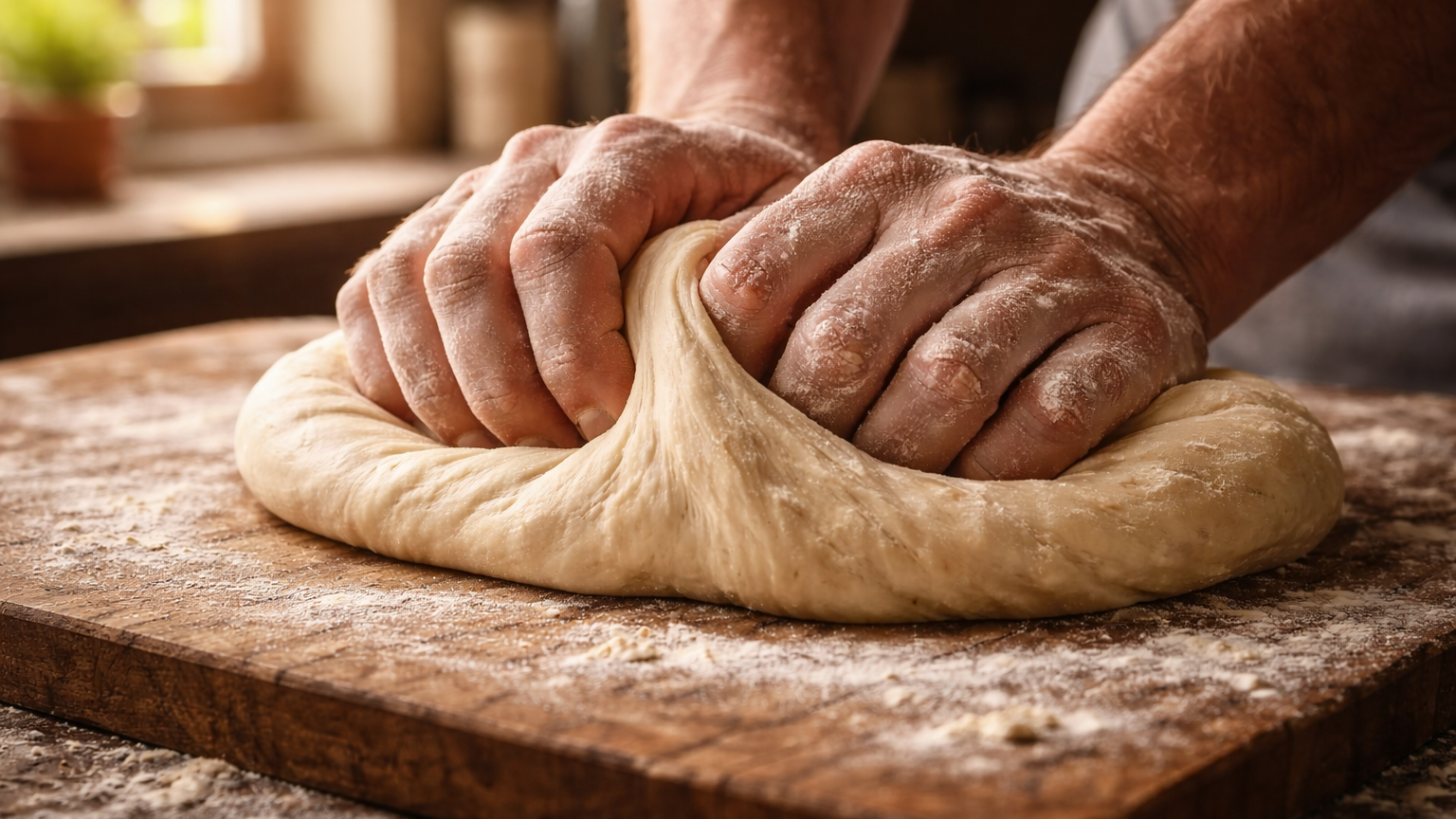 Mani che lavorano l'impasto della pizza su piano infarinato
