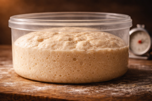 Impasto pizza lievitato in contenitore vetro con bolle d'aria visibili e timer sullo sfondo
