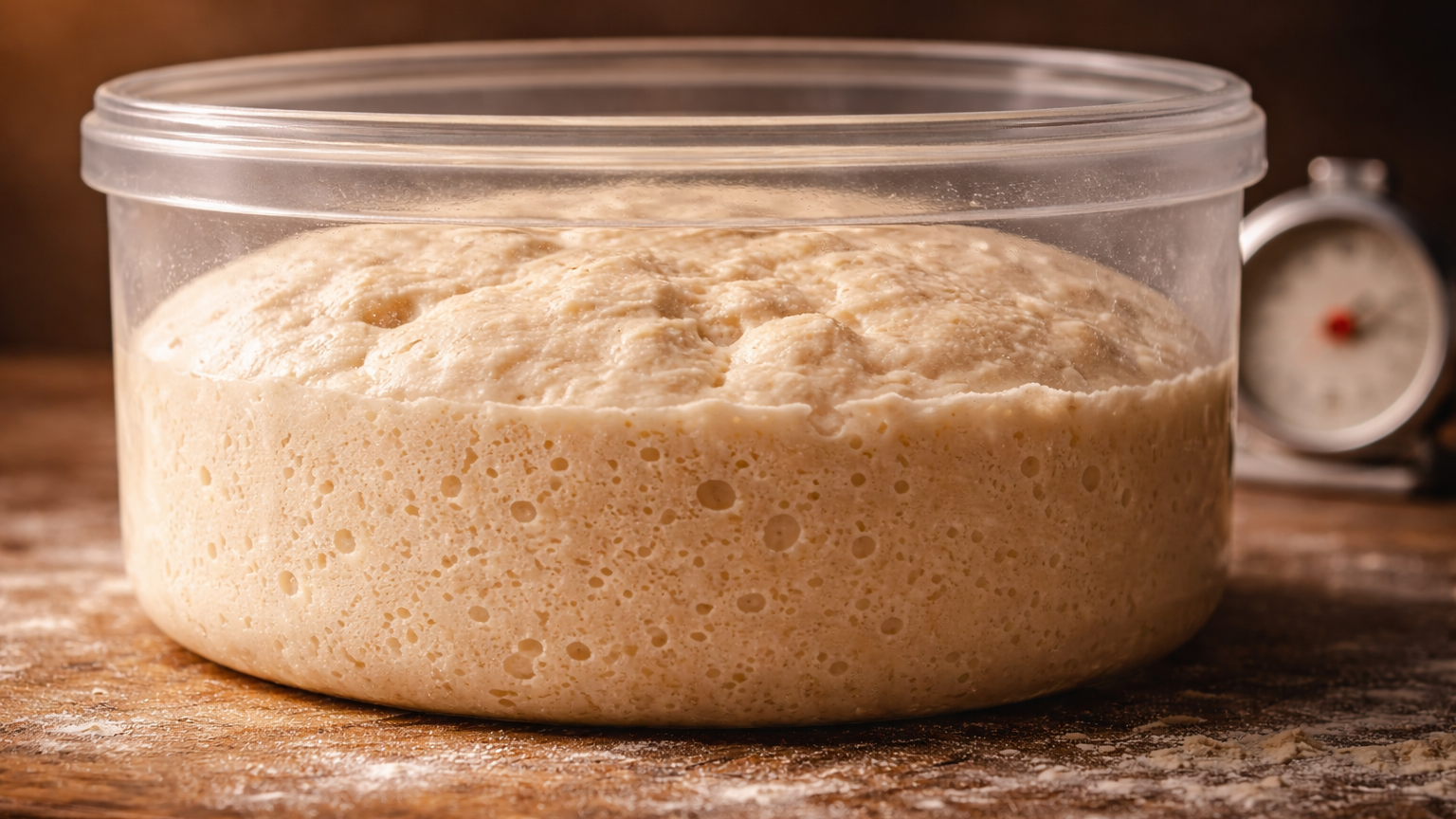 Impasto pizza lievitato in contenitore vetro con bolle d'aria visibili e timer sullo sfondo